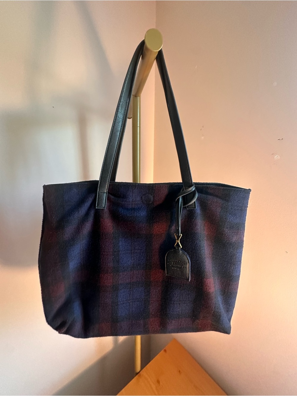 BASS Plaid Fleece Tote Bag with Leather Handles - with attached wallet.